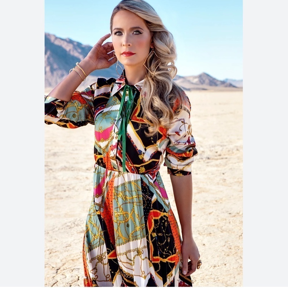 Dalia MacPhee Midi Floral Print Dress Pleated Detailing Ling Sleeves NWOT